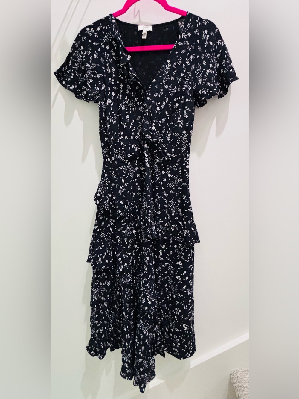 Joie Black Floral Ruffle Midi Dress